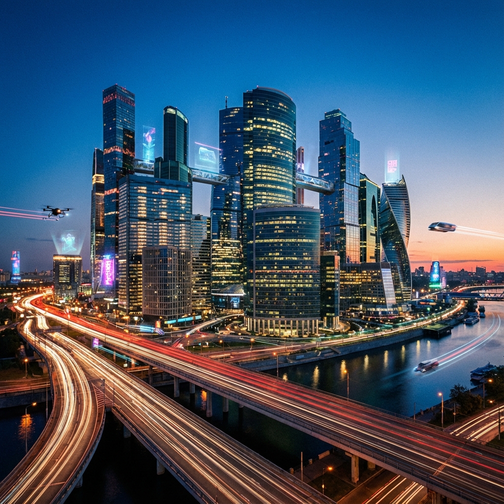 A vibrant modern city skyline at dusk with illuminated skyscrapers